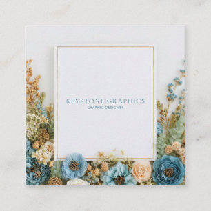 Rustic Blue Floral Gold Frame Preserved Flower Square Business Card