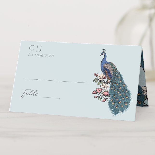 Rustic Blue Floral Peacock Wedding Place Card (Rustic Blue & Teal Peacock on Magnolia Branch in Full Bloom with Blush Pink Flowers in Elegant Blue.)