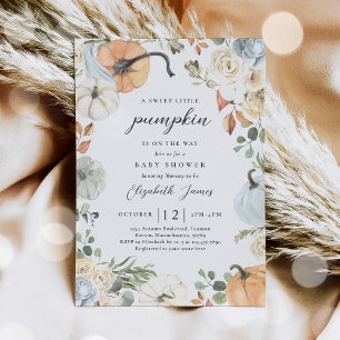 Rustic Blue Floral Pumpkin Boy Baby Shower Invitation