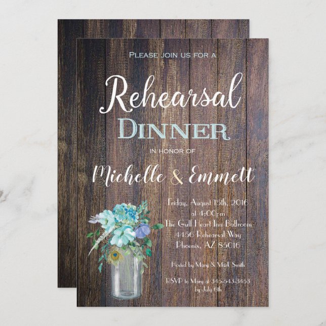 Rustic Blue  Floral Rehearsal Dinner Invitation (Front/Back)