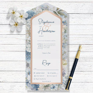 Rustic Blue Floral & Rose Gold Dinner All In One Invitation