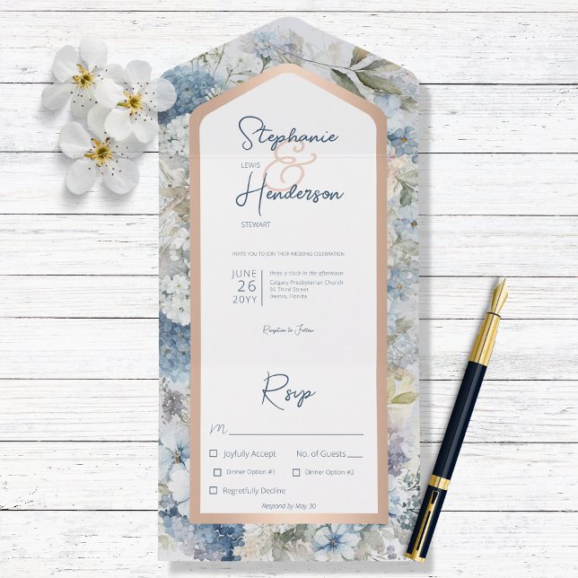 Rustic Blue Floral & Rose Gold Dinner All In One Invitation (Creator Uploaded)