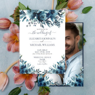 Rustic Blue Floral Script Photo Wedding Invitation