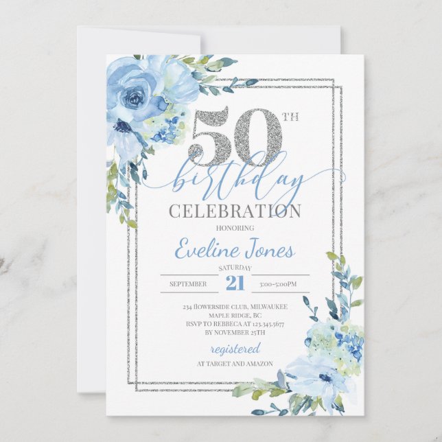 Rustic blue floral silver frame 50th birthday invitation (Front)