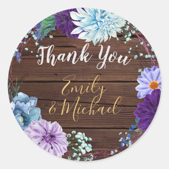 Rustic Blue Floral Thank You Favour Stickers (Front)