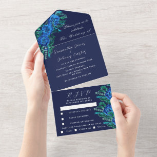 Rustic Blue Floral Watercolor Wedding All In One Invitation