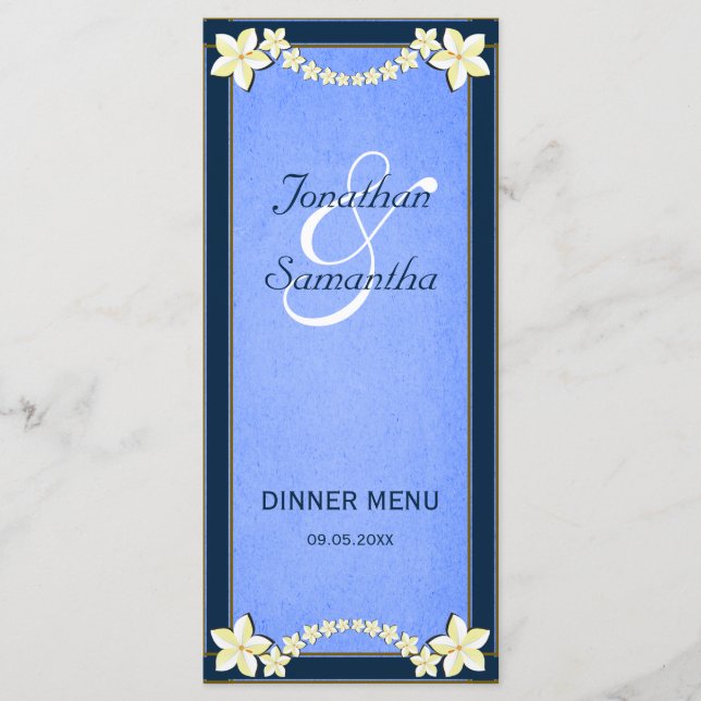 Rustic Blue Floral Wedding Dinner Menu Cards (Front)