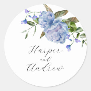 Rustic Blue Floral Wedding Favour   Classic Round Sticker