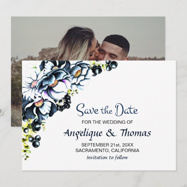 Rustic Blue Floral Wedding Save The Date (Front/Back)