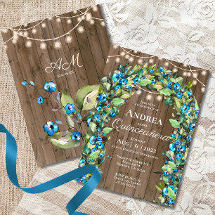 Rustic Blue Flower Leaves Arch Lights Quinceañera Invitation