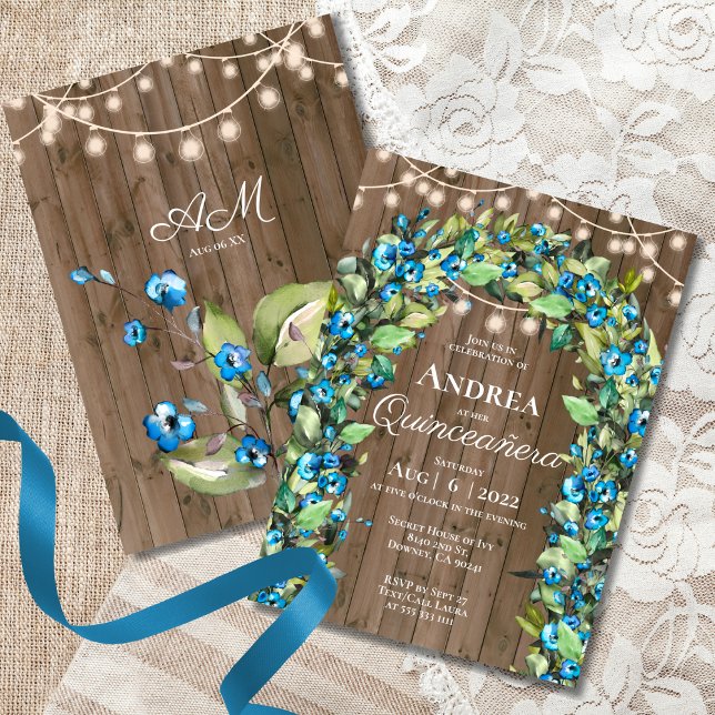 Rustic Blue Flower Leaves Arch Lights Quinceañera Invitation (Creator Uploaded)