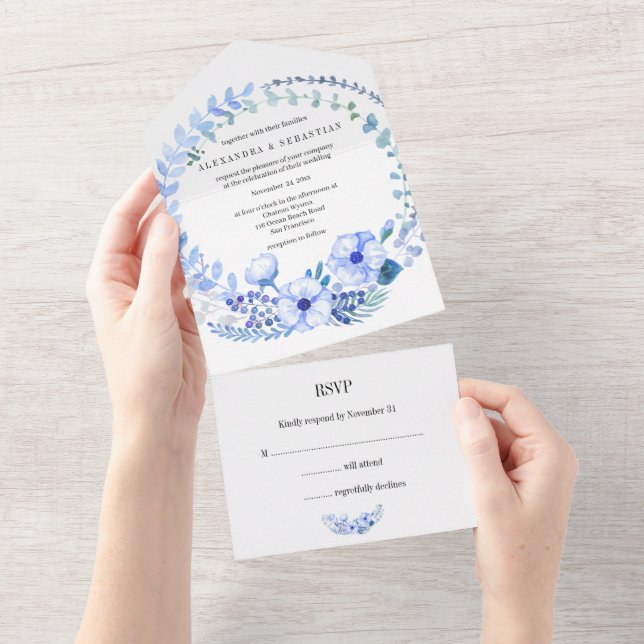 Rustic Blue Flowers and Berries Wedding All In One Invitation (Tearaway)