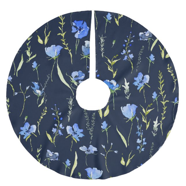 Rustic Blue Flowers: Botanical Illustration. Brushed Polyester Tree Skirt (Front)