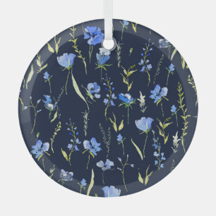 Rustic Blue Flowers: Botanical Illustration. Glass Tree Decoration