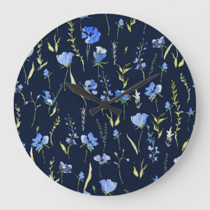 Rustic Blue Flowers: Botanical Illustration. Large Clock