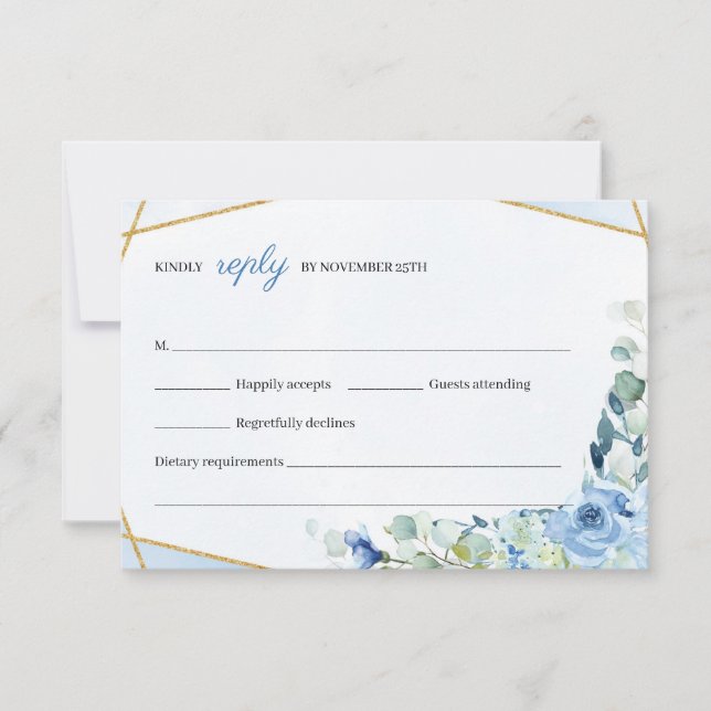 Rustic BLue Flowers Gold Geometric Frame Wedding RSVP Card (Front)