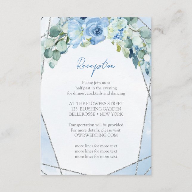 Rustic Blue Flowers Silver Frame Wedding Reception Enclosure Card (Front)