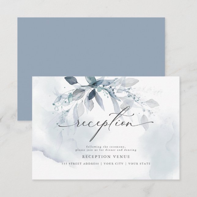 Rustic Blue Foliage Watercolor Reception  Invitation (Front/Back)
