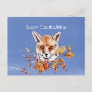 Rustic Blue Fox Autumn Foliage Thanksgiving Holiday Postcard