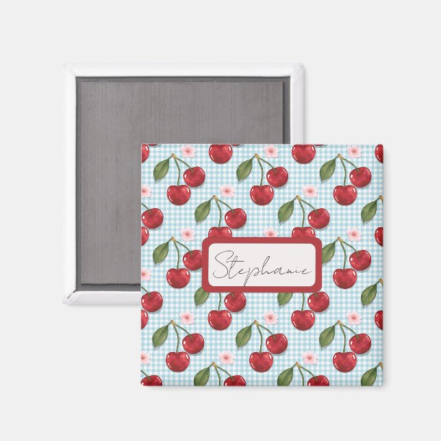 Rustic Blue Gingham And Cherries Monogram Magnet (Front/Back)