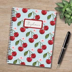Rustic Blue Gingham And Cherries Monogram Notebook