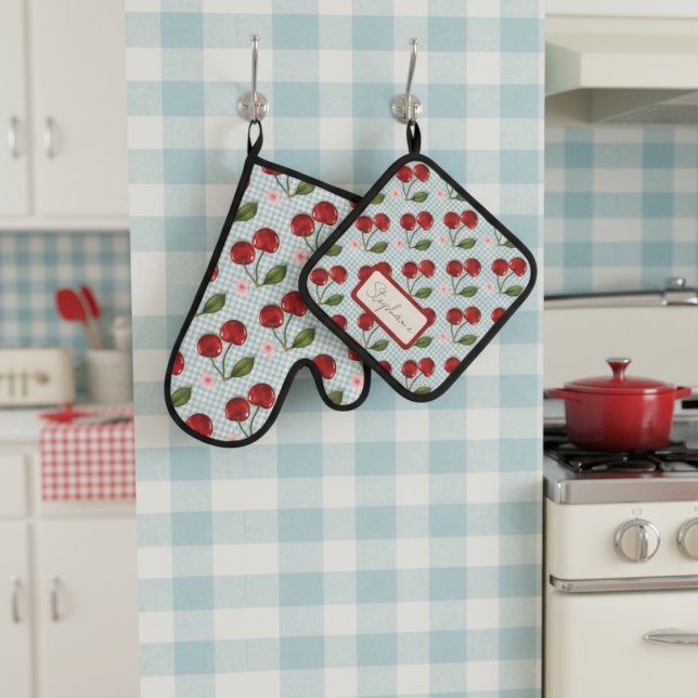 Rustic Blue Gingham And Cherries Monogram Oven Mitt & Pot Holder Set (Creator Uploaded)