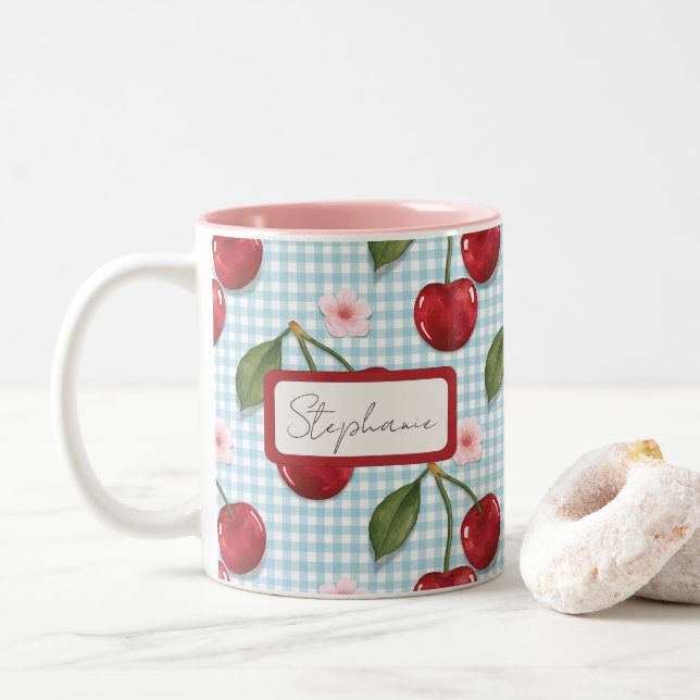 Rustic Blue Gingham And Cherries Monogram Two-Tone Coffee Mug (With Donut)