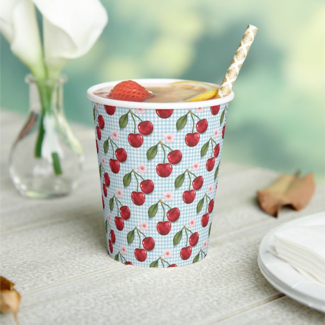 Rustic Blue Gingham And Cherries Paper Cups (Insitu)