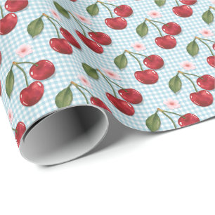 Rustic Blue Gingham And Cherries Wrapping Paper