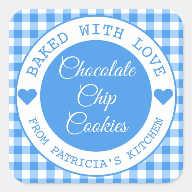 Rustic Blue Gingham Baked With Love Cookies Square Sticker (Front)