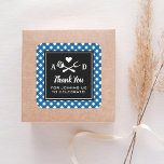 Rustic Blue Gingham BBQ Wedding Thank You Square Sticker<br><div class="desc">Wedding thank you favour stickers feature a black and white barbecue themed design with a BBQ fork and spatula grilling utensils and a heart accent. Personalise the custom monogram initials and "Thank you for joining us to celebrate!" message. Includes a navy, blue and white gingham tablecloth patterned background. Perfect for...</div>