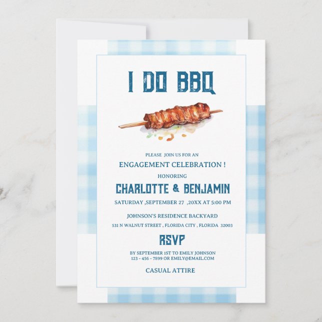 Rustic Blue Gingham I Do BBQ  Engagement Party  Invitation (Front)