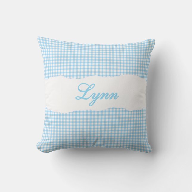Rustic Blue Gingham Personalized Name Cushion (Front)