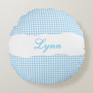 Rustic Blue Gingham Personalized Name Round Cushion