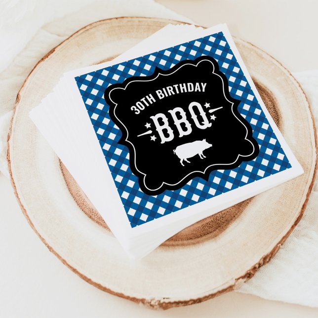 Rustic Blue Gingham Plaid 30th Birthday BBQ Napkin (Creator Uploaded)