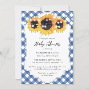 Rustic Blue Gingham Sunflower Baby Shower Invitation