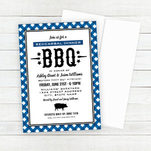 Rustic Blue Gingham Wedding Rehearsal Dinner BBQ Invitation