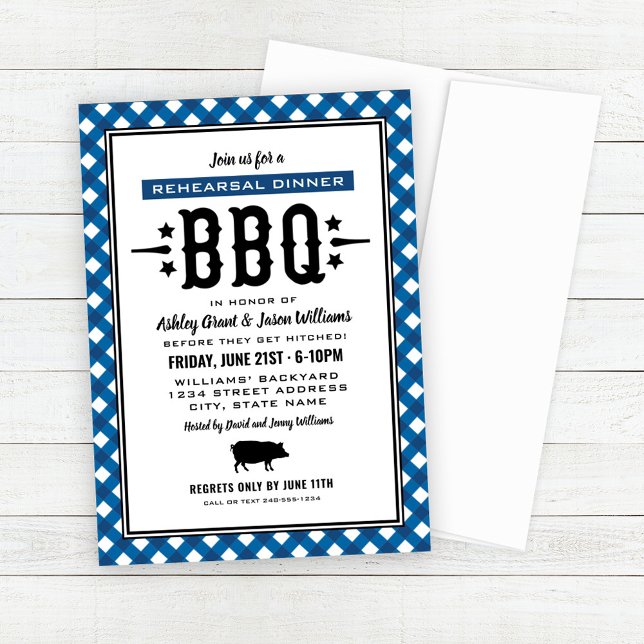 Rustic Blue Gingham Wedding Rehearsal Dinner BBQ Invitation (Creator Uploaded)