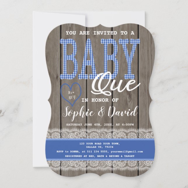 Rustic Blue Gingham Wood Boy Baby Shower BBQ Invitation (Front)