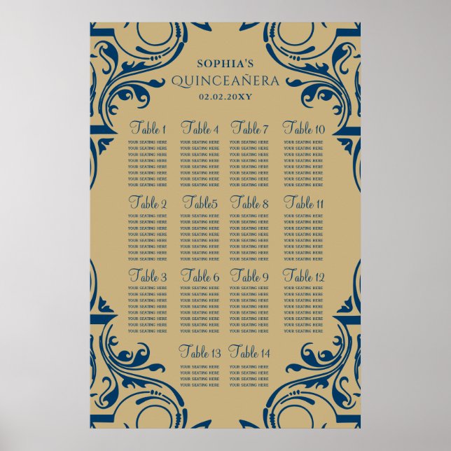 Rustic Blue Gold seating plan poster (Front)