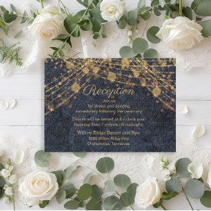 Rustic Blue Gold String Lights Wedding Reception Enclosure Card