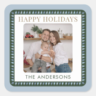 Rustic Blue Green Christmas Tree Border Photo Square Sticker