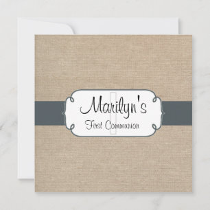 Rustic Blue Grey and Beige Burlap First Communion Invitation