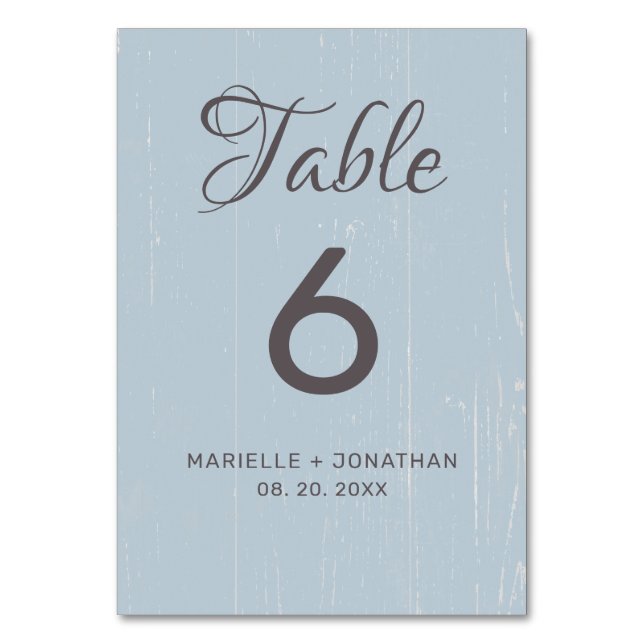 Rustic Blue Grey Weathered Wood Wedding Table Number (Front)