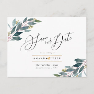 Rustic Blue Gum Foliage Save the Date Postcard