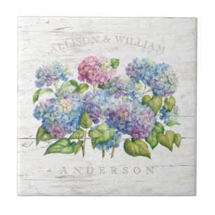 Rustic Blue Hydrangea Blooms with Wood Add Names Ceramic Tile