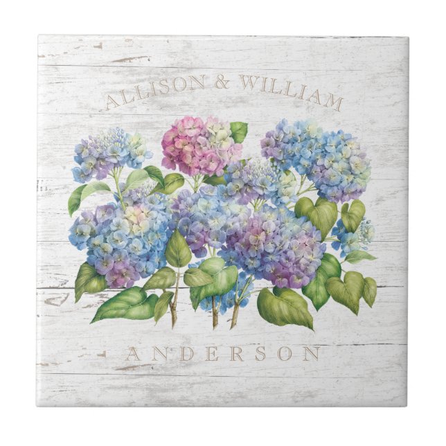 Rustic Blue Hydrangea Blooms with Wood Add Names Ceramic Tile (Front)