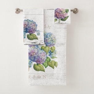 Rustic Blue Hydrangea Blooms Wood Names Monogram Bath Towel Set