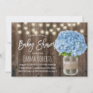 Rustic Blue Hydrangea Floral Jar Wood Baby Shower Invitation