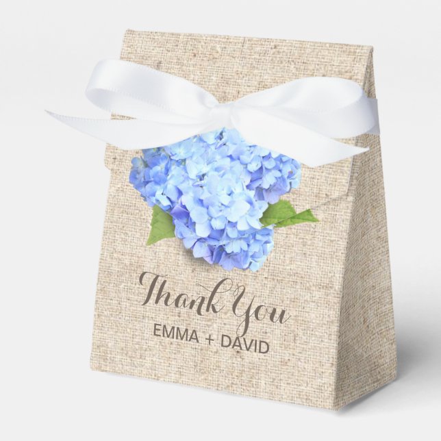 Rustic Blue Hydrangea Flower Burlap Thank You Favour Box (Front Side)